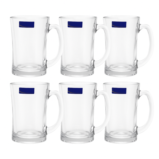 Wavy-Edge Clear Glass Juice Mug 380 ml with Handle – Set of 6 | Premium Textured Drinkware for Home &Café
