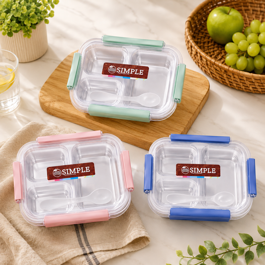 Assorted Design 3 Compartment Stainless Steel Lunch Box with Spoon | Leakproof Bento Lunch Box for School, Office & Travel | Reusable Food Storage Container