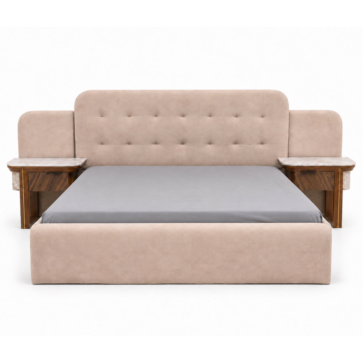 Clara King Size Bed | Luxury Upholstered Bed with Marble Accent Side Tables - Habitt