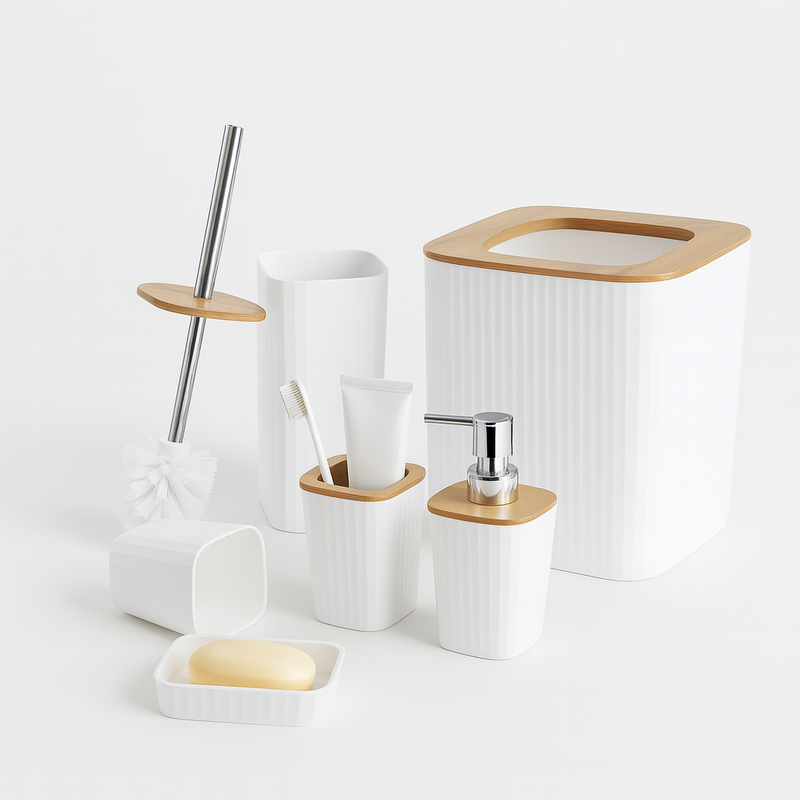 6-Piece Bathroom Set – Modern Square Design with Pump, Bin, Brush & Accessories - Habitt