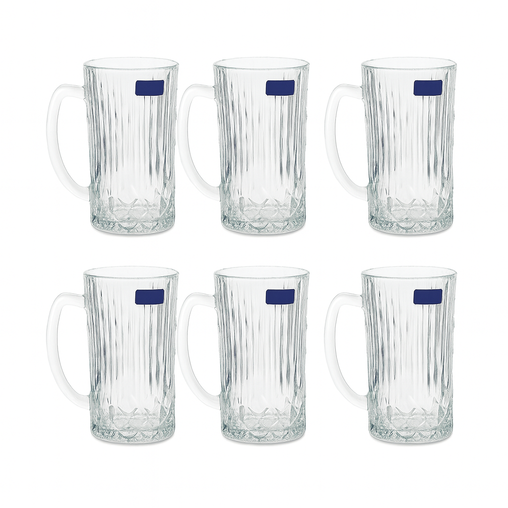 Ribbed Clear Glass Juice Mug 320 ml with Handle – Pack of 6 | Elegant Textured Drinkware for Home & Café