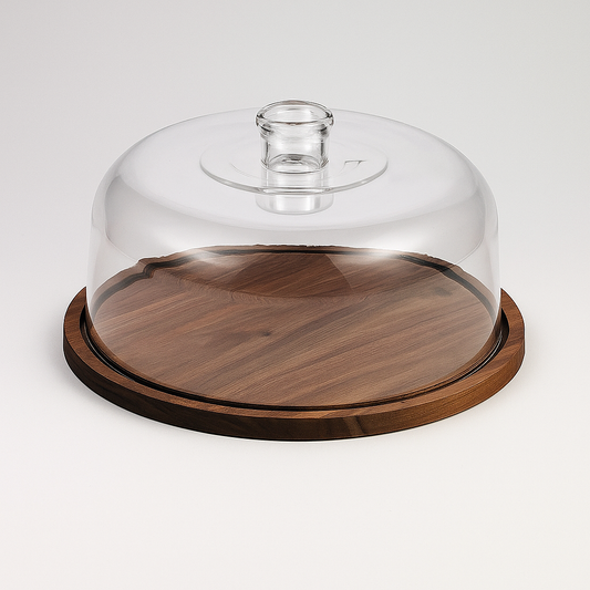 Wood & Glass Cake Stand with Dome Cover | Elegant Cake Dish for Serving and Display