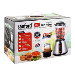 Sanford 2-In-1 Blender & Grinder 600W, 1.5 Liter Glass Jar with Pulse Control – Stainless Steel Housing (SF-6815BR) - Habitt