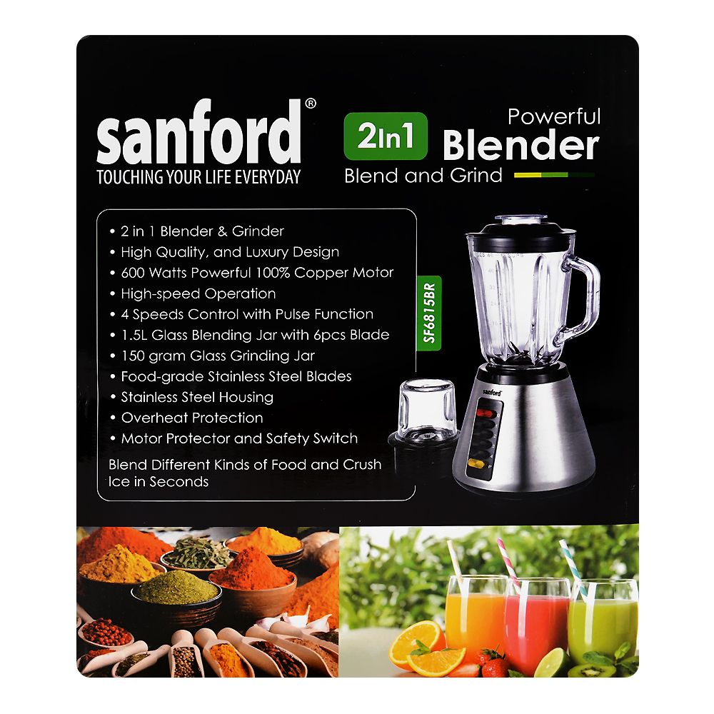 Sanford 2-In-1 Blender & Grinder 600W, 1.5 Liter Glass Jar with Pulse Control – Stainless Steel Housing (SF-6815BR) - Habitt