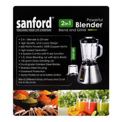 Sanford 2-In-1 Blender & Grinder 600W, 1.5 Liter Glass Jar with Pulse Control – Stainless Steel Housing (SF-6815BR) - Habitt