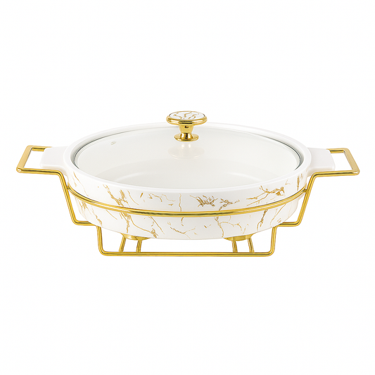 11" Oval Marble-Design Ceramic Casserole With Gold Stand – Premium Serving & Warming Dish