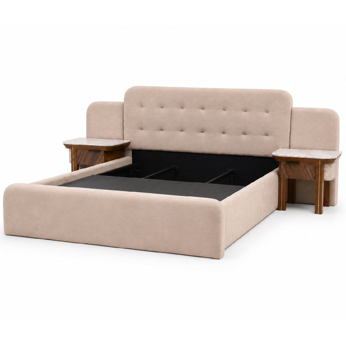 Clara King Size Bed | Luxury Upholstered Bed with Marble Accent Side Tables - Habitt
