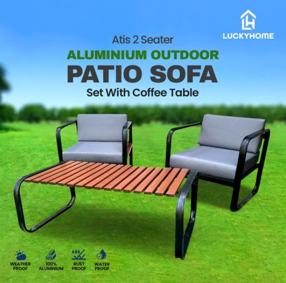 Atis 2 Seater Aluminium Outdoor Patio Sofa Set With Coffee Table