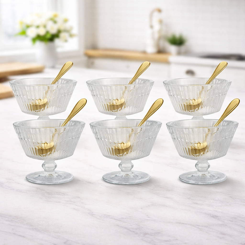6PCS Glass Ice Cream Cups Set – Clear Dessert Bowls with Elegant Design