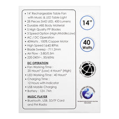 Black/Silver Sanford Rechargeable Table Fan 14 Inch with Bluetooth, LED Light & Music System – Powerful Portable Cooling Fan (SF-918RTF)