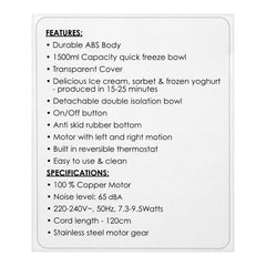 Sanford Ice Cream Maker 1.5L – Model SF-2601ICM | Quick Freeze Dessert Maker