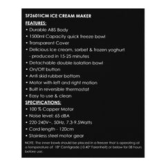Sanford Ice Cream Maker 1.5L – Model SF-2601ICM | Quick Freeze Dessert Maker