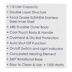 Sanford Electric Kettle 1.8L – Model SF-3331EK | Double Wall Cool Touch Kettle