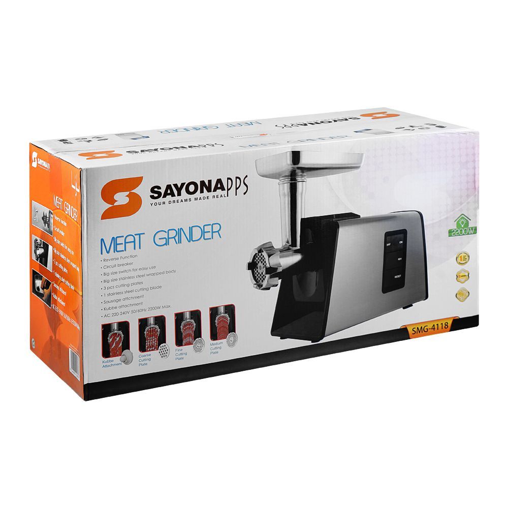 Sayona PPS Meat Grinder 2200W Heavy-Duty Electric Meat Mincer with Reverse Function – Stainless Steel Body (SMG-4118) - Habitt