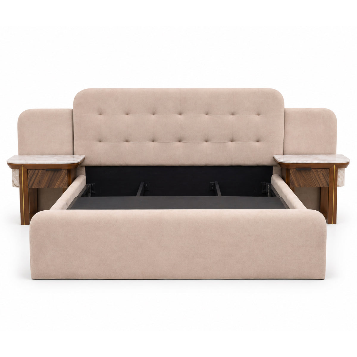 Clara King Size Bed | Luxury Upholstered Bed with Marble Accent Side Tables - Habitt