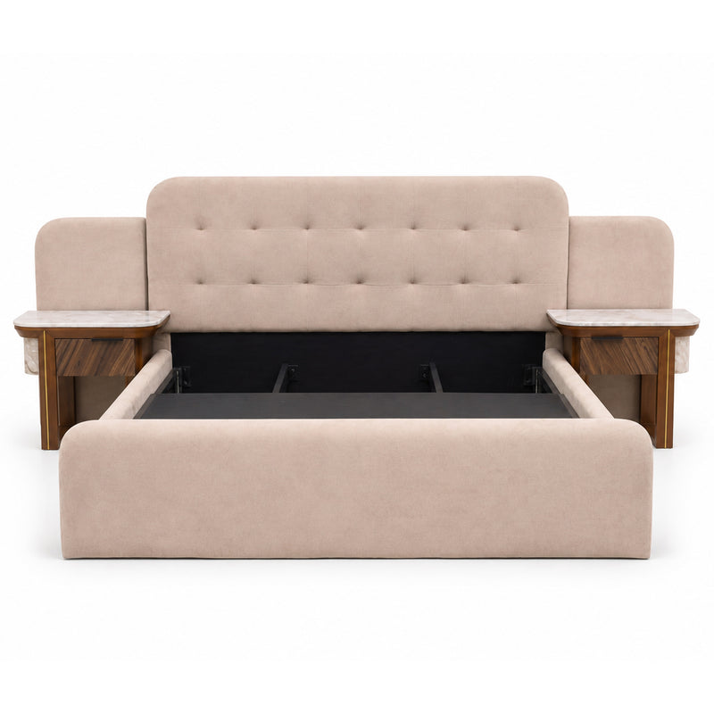 Clara King Size Bed | Luxury Upholstered Bed with Marble Accent Side Tables - Habitt