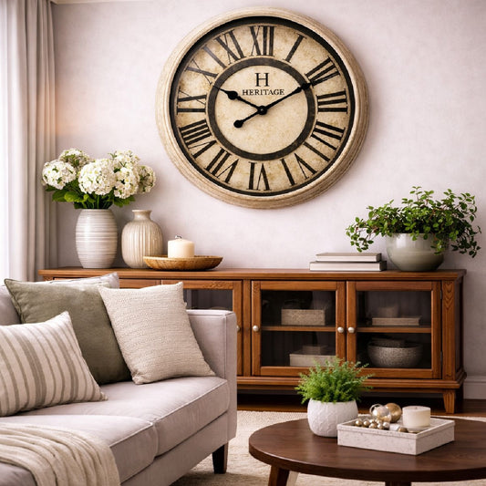 SCOTTISH 20" Heritage Roman Wall Clock – Antique Cream Plastic Frame with Classic Vintage Dial - Habitt