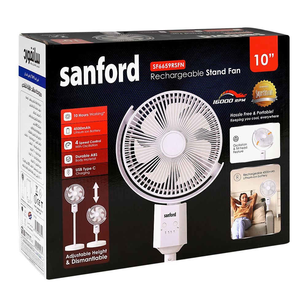 Sanford Rechargeable Stand Fan 10″ – Model SF6659RSFN | High-Speed Portable Cooling Fan