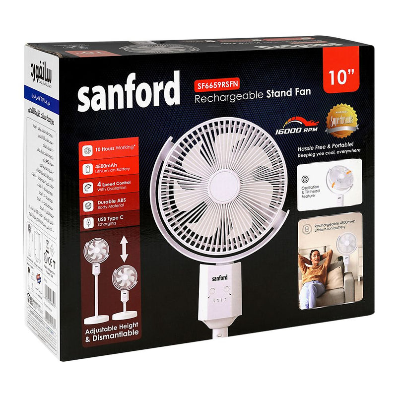 Sanford Rechargeable Stand Fan 10″ – Model SF6659RSFN | High-Speed Portable Cooling Fan - Habitt
