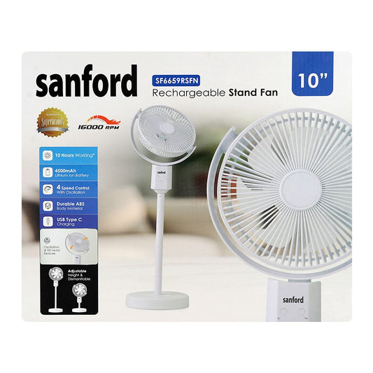 Sanford Rechargeable Stand Fan 10″ – Model SF6659RSFN | High-Speed Portable Cooling Fan