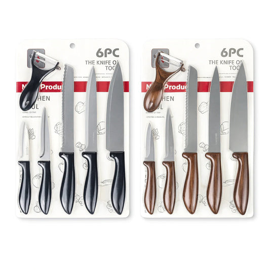 6PC Kitchen Knife Set with Peeler – Black & Brown Handle Variants