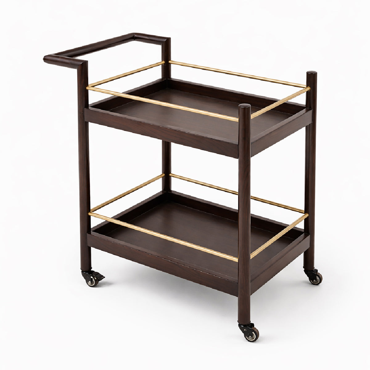 Oaklin Wooden Tea Trolley with Wheels – 2-Tier Serving Cart with Brass Accents for Dining & Living Room - Habitt