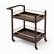 Oaklin Wooden Tea Trolley with Wheels – 2-Tier Serving Cart with Brass Accents for Dining & Living Room - Habitt