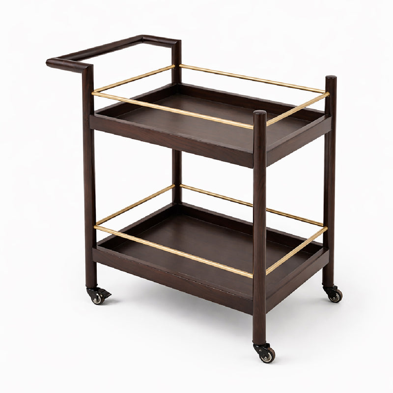 Oaklin Wooden Tea Trolley with Wheels – 2-Tier Serving Cart with Brass Accents for Dining & Living Room - Habitt