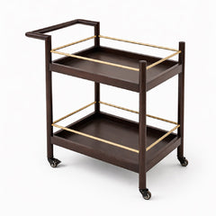 Oaklin Wooden Tea Trolley with Wheels – 2-Tier Serving Cart with Brass Accents for Dining & Living Room - Habitt