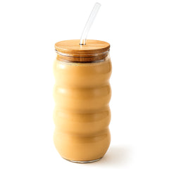 Ripple Glass Tumbler with Bamboo Lid & Straw – 450ml