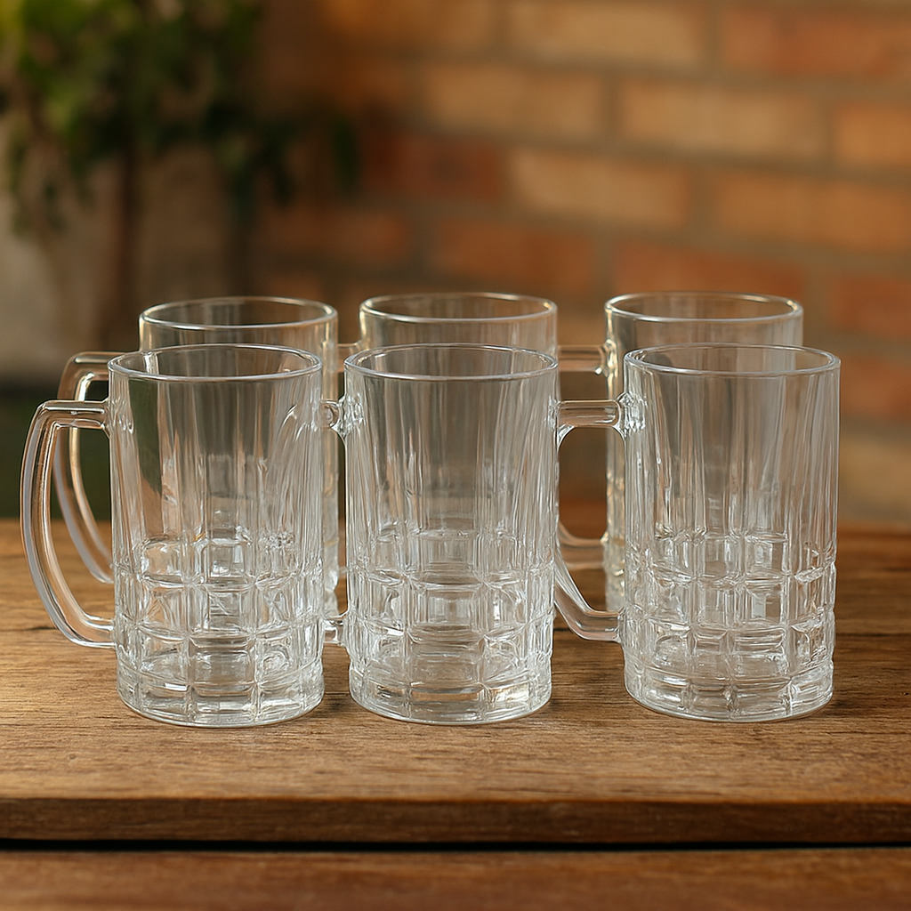 Premium Textured Clear Glass Juice Mug 400 ml with Handle – Set of 6 | Durable Drinkware for Home & Café