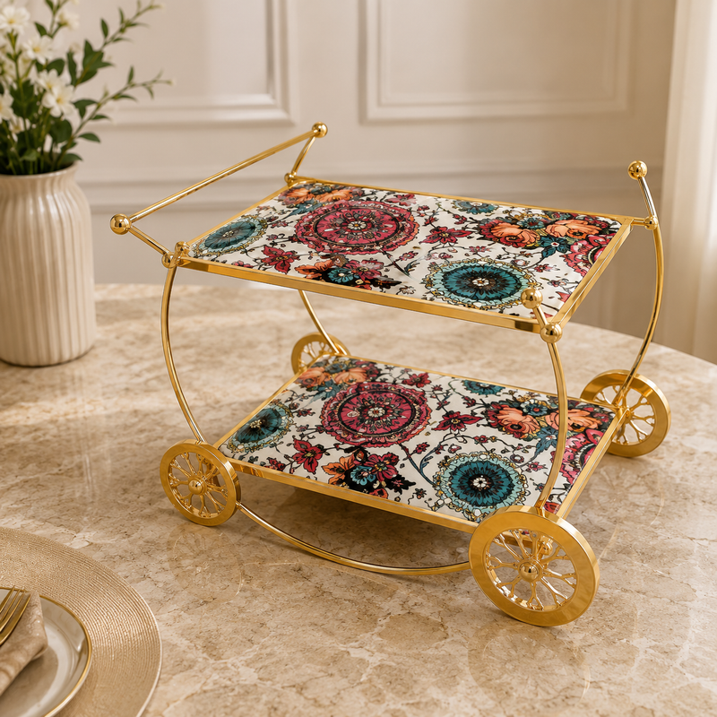 Luxury Gold 2-Tier Serving Cart with Artistic Glass Shelves | Premium Rolling Beverage Trolley (Copy)