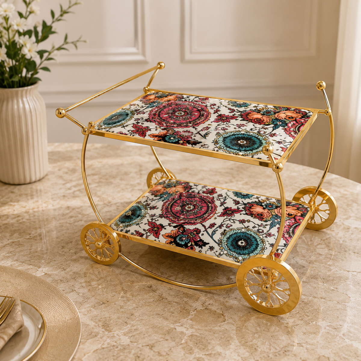 Luxury Gold 2-Tier Serving Cart with Artistic Glass Shelves | Premium Rolling Beverage Trolley (Copy)