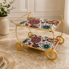 Luxury Gold 2-Tier Serving Cart with Artistic Glass Shelves | Premium Rolling Beverage Trolley (Copy)