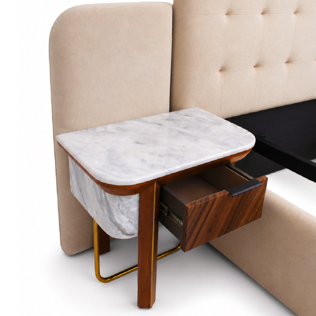 Clara King Size Bed | Luxury Upholstered Bed with Marble Accent Side Tables - Habitt