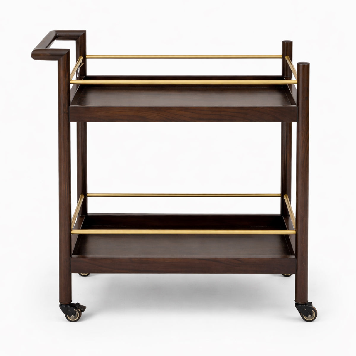 Oaklin Wooden Tea Trolley with Wheels – 2-Tier Serving Cart with Brass Accents for Dining & Living Room - Habitt
