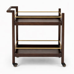 Oaklin Wooden Tea Trolley with Wheels – 2-Tier Serving Cart with Brass Accents for Dining & Living Room - Habitt