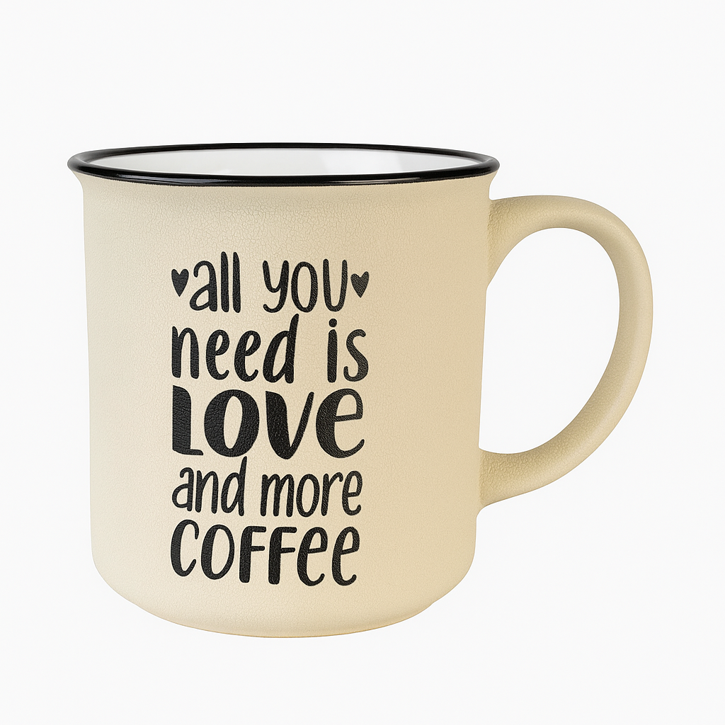 “All You Need Is Love and More Coffee” Ceramic Mug – Beige Rustic Quote Cup