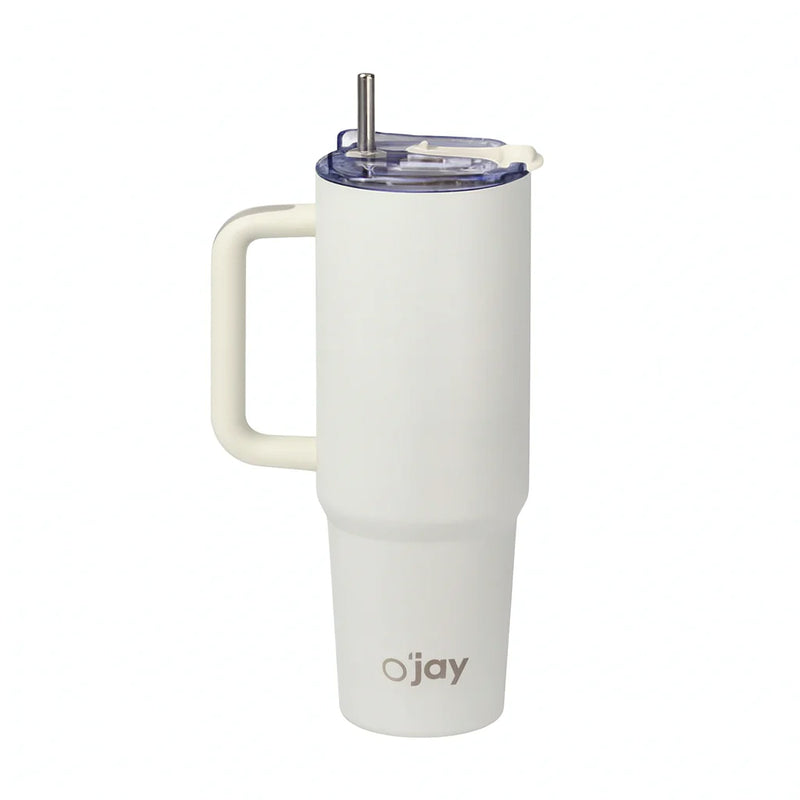 O’jay Matte White Insulated Tumbler with Handle & Straw – 50oz – SP17921 - Habitt