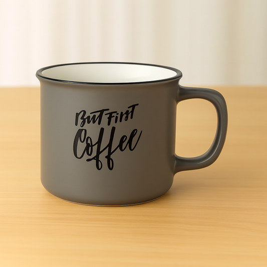 Matte Grey Ceramic Coffee Mug “But First Coffee”