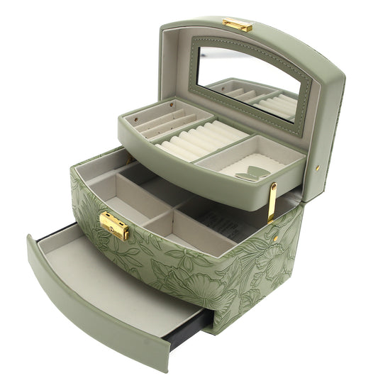 Large Printed Jewelry Storage Box – Multi‑Layer Organizer with Mirror & Drawer