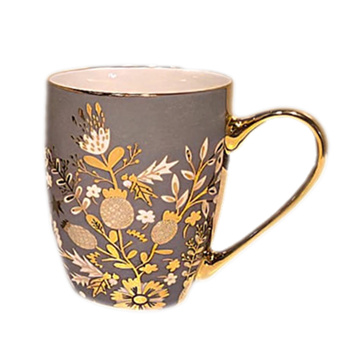 Ceramic Coffee Mug with Gold Handle – Floral Print Design (Blue, Pink, Grey)