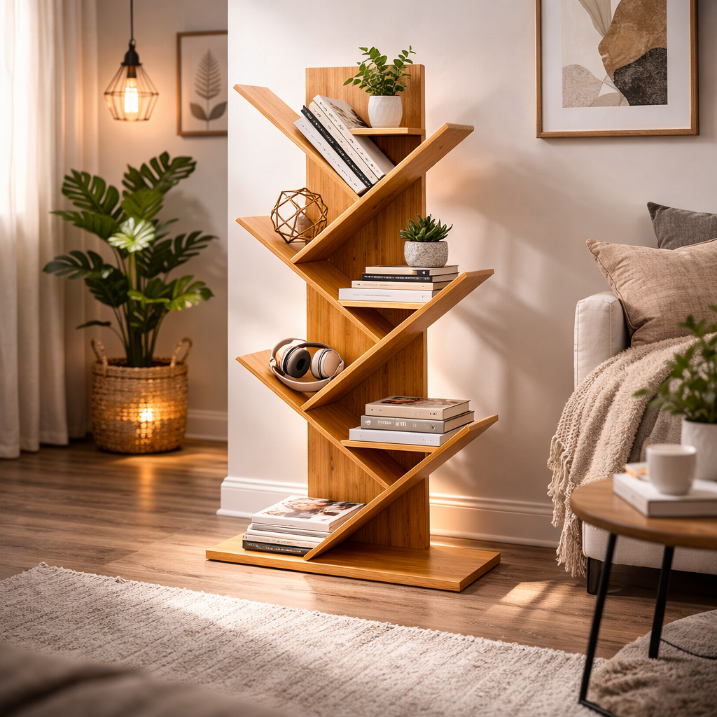 Bamboo Folding Bookshelf – Modern Zigzag Freestanding Display Rack with Multi-Tier Storage - Habitt