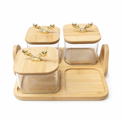5Pcs Glass Storage Jar Set with Deer Handle Lids & Bamboo Tray