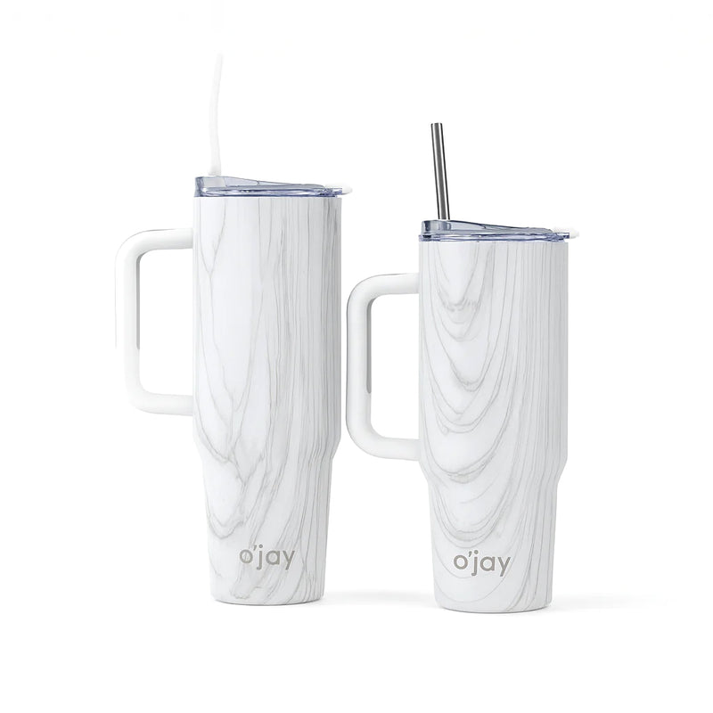 O’jay White Marble Insulated Tumbler with Handle & Straw – 50oz / 40oz – SP17919 - Habitt