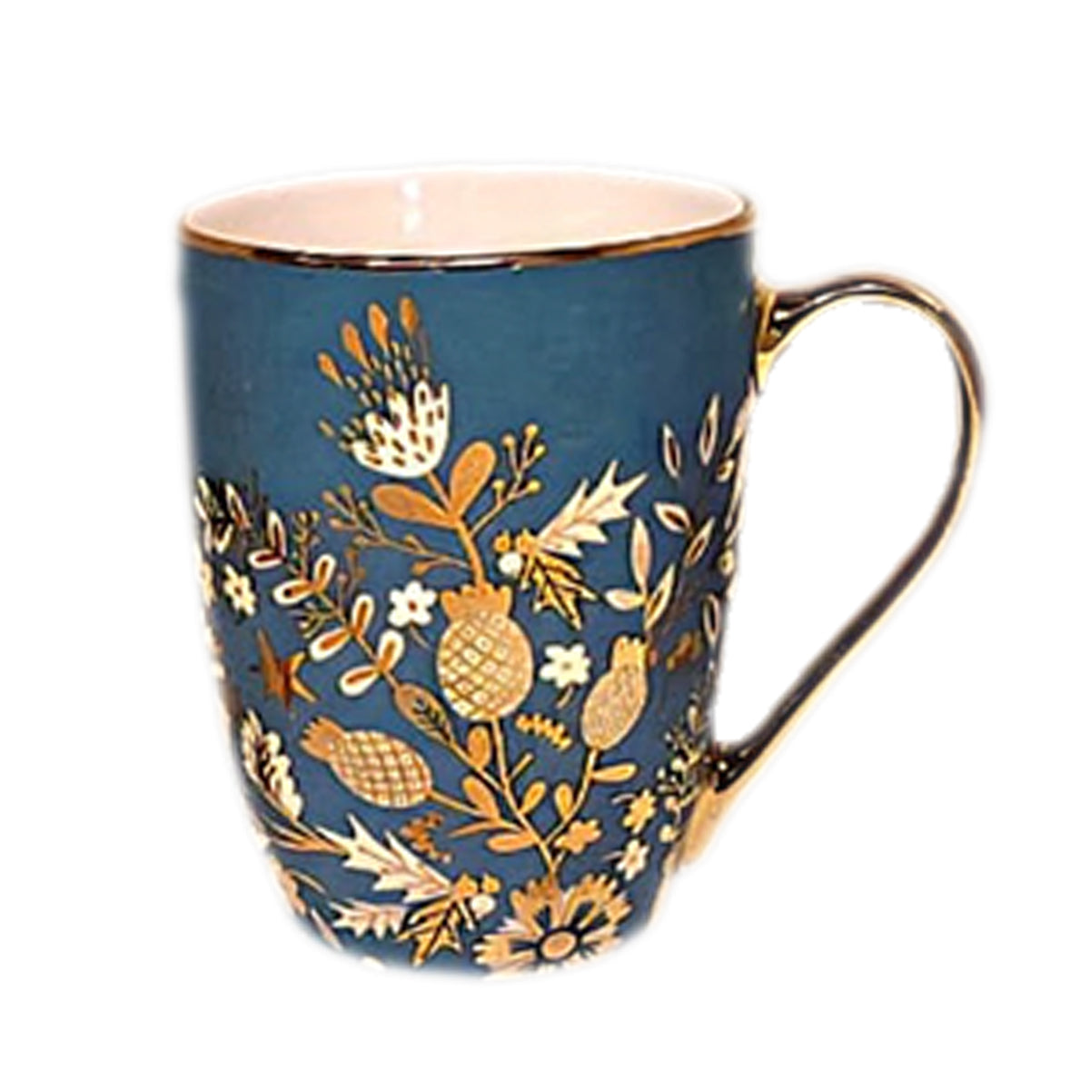Ceramic Coffee Mug with Gold Handle – Floral Print Design (Blue, Pink, Grey)