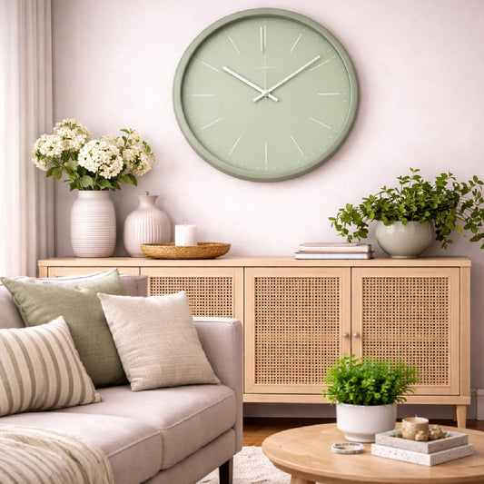Heritage Pastel Wall Clock 12 Inch – Soft Green Dial with Minimalist Markers & Modern Design (Plastic) - Habitt