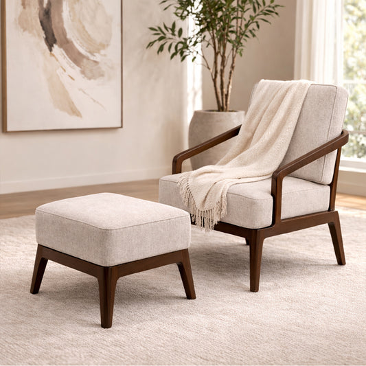 Oaklin Lounge Accent Chair with Ottoman – Upholstered Wooden Armchair & Footrest Set for Living Room - Habitt