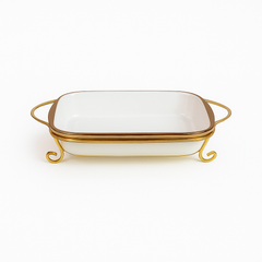 Elegant Serving Dish (with Stand) – White Ceramic Bake &amp; Serve Tray with Gold Frame