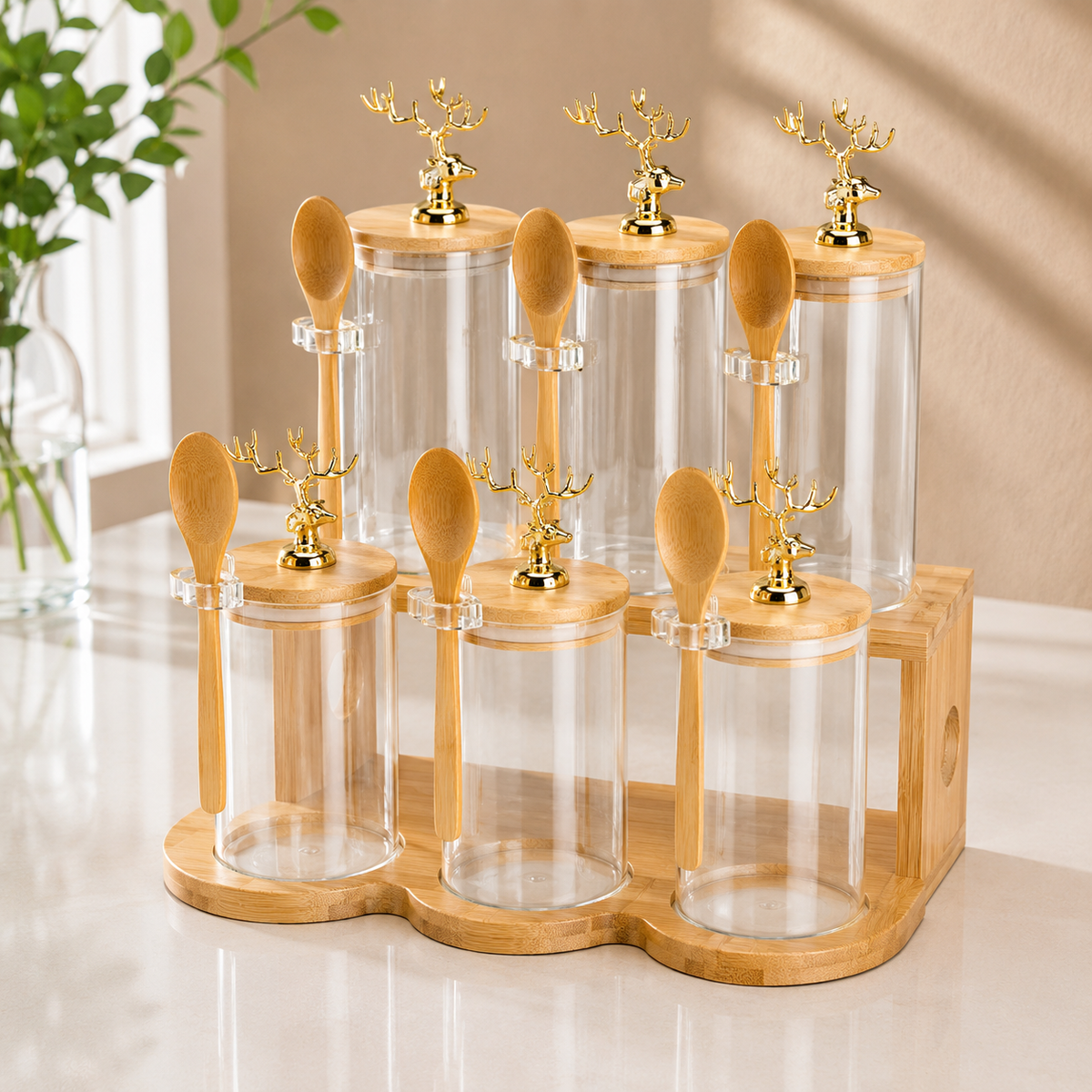 6 Piece Transparent Color Preserving Jar Set with Wooden Stand | Kitchen Storage Organizer